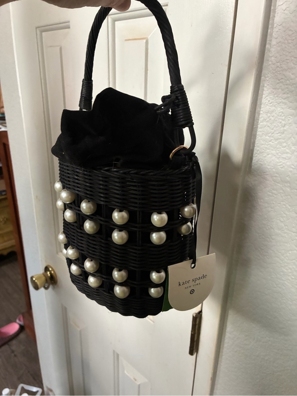 kate spade Black Woven Pearl-Embellished Mini Bucket Bag
